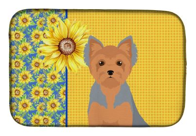 Summer Sunflowers Blue and Tan Puppy Cut Yorkshire Terrier Dish Drying Mat Absorbent Dish Drying Mat Pad for Kitchen Counter Dish Drainer Mat for
